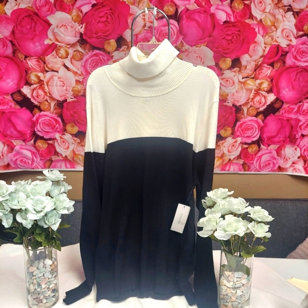 INC Womens Colorblock thin Black and White Turtleneck Sweater NWT